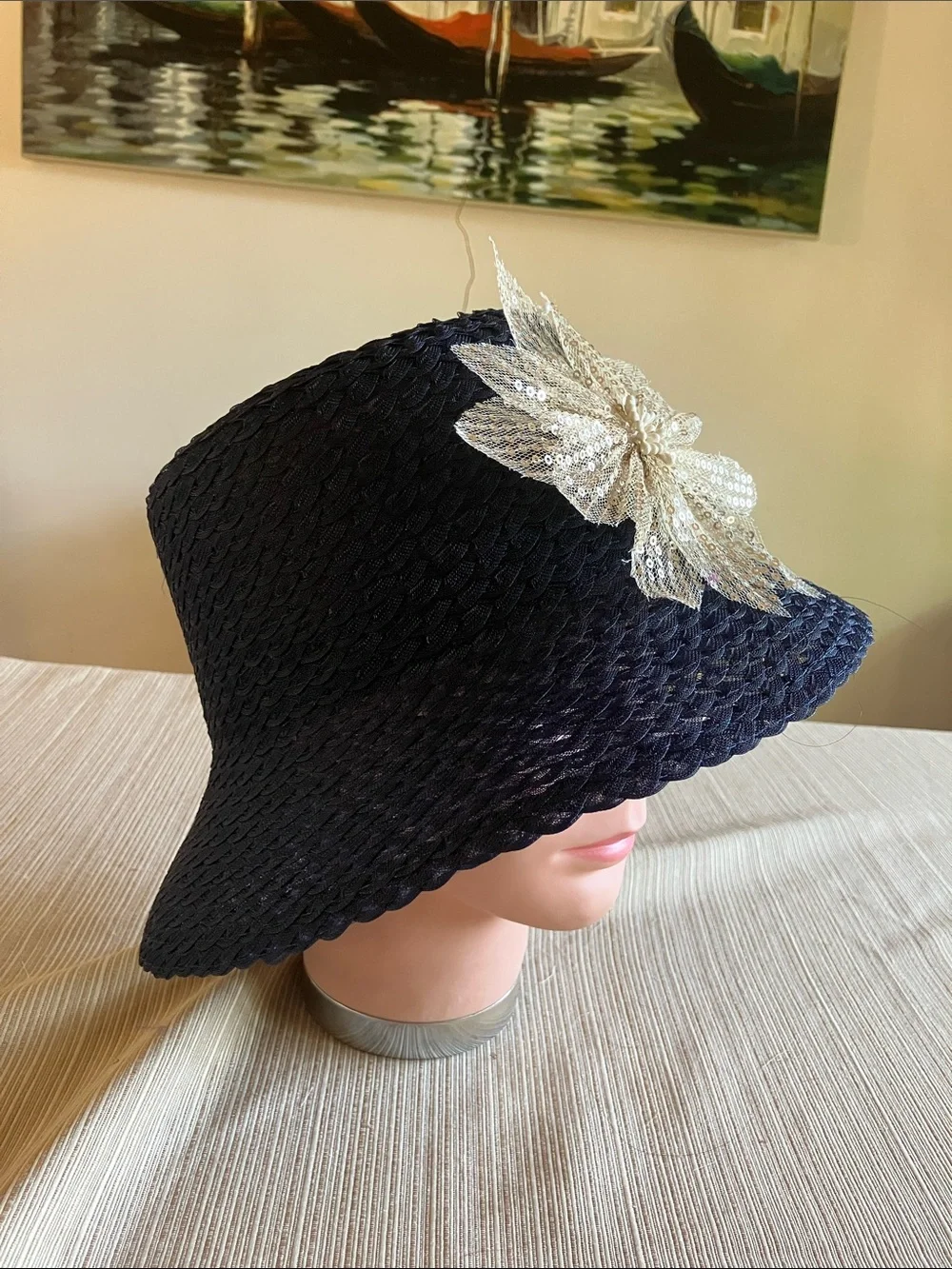 Chic Navy Blue Bucket Hat with Gold Sequined Floral Accent